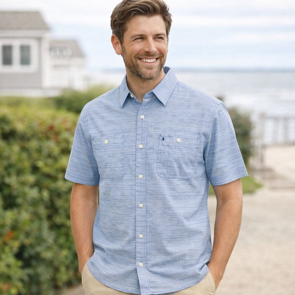 Izod Saltwater Button Down Shirt Mens XL Blue Short Sleeve Cotton Classic Fit